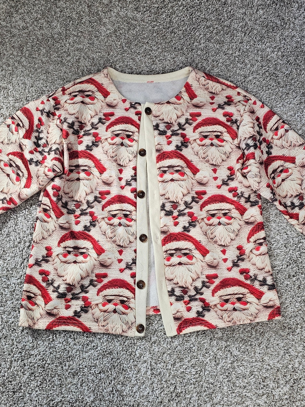 Women's Santa Print Button-Up Top in Red and Cream